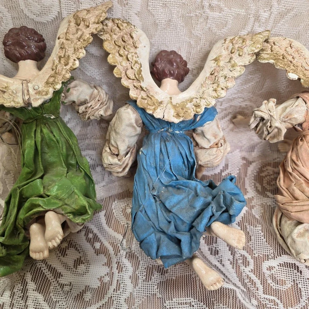 Hanging Angel Ornaments Set Of 3 Resin Cloth Christmas Large Multicolor Decor